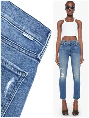 MOTHER Mid Rise Dazzler Ankle Fray Jeans Weekend Warrior Medium Blue Wash Denim